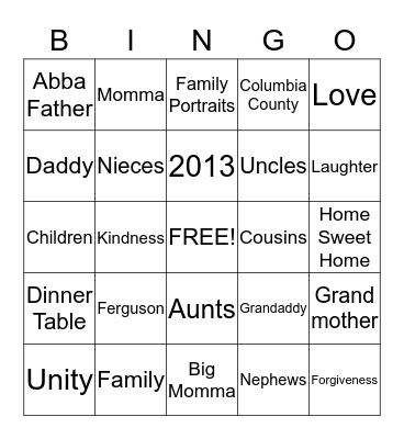 Ferguson Family Reunion Bingo Card