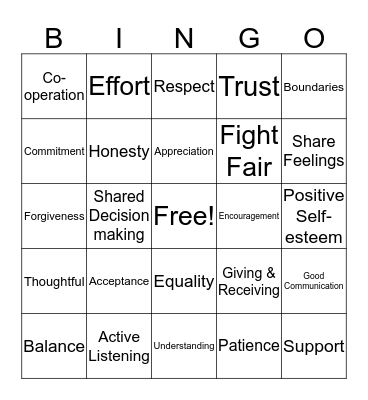 Healthy Relationship Bingo Card