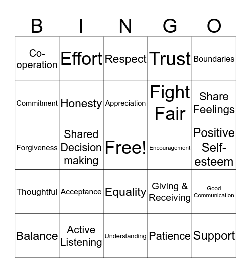 Healthy Relationship Bingo Card