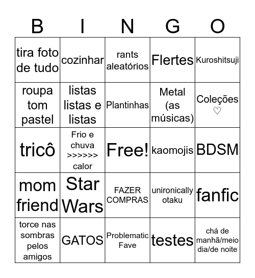 Nico Bongo Bingo Card