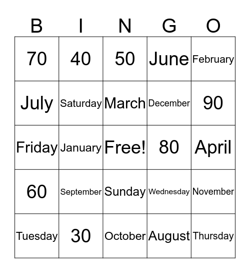 Months, Days, and Numbers Bingo Card