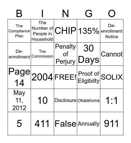 Compliance  Bingo Card