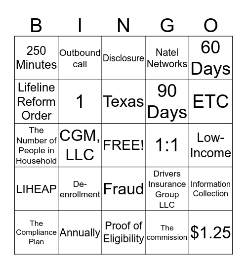 Compliance  Bingo Card