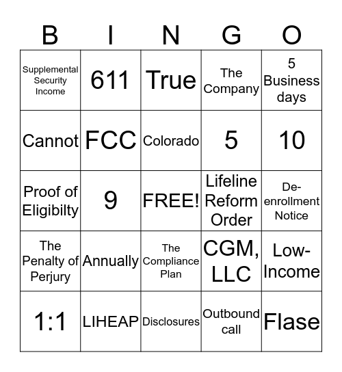 Compliance  Bingo Card