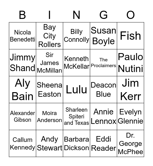 Scottish Singers and Musicians  Bingo Card