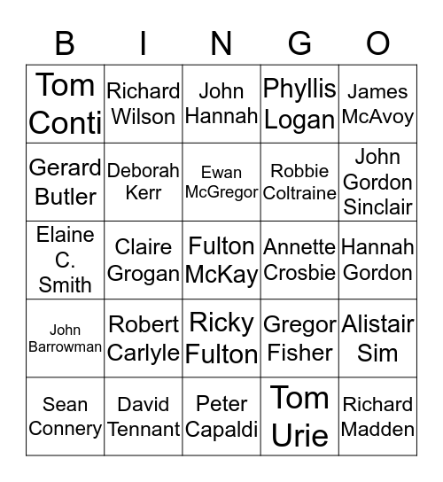 Scottish Actors and Entertainers Bingo Card