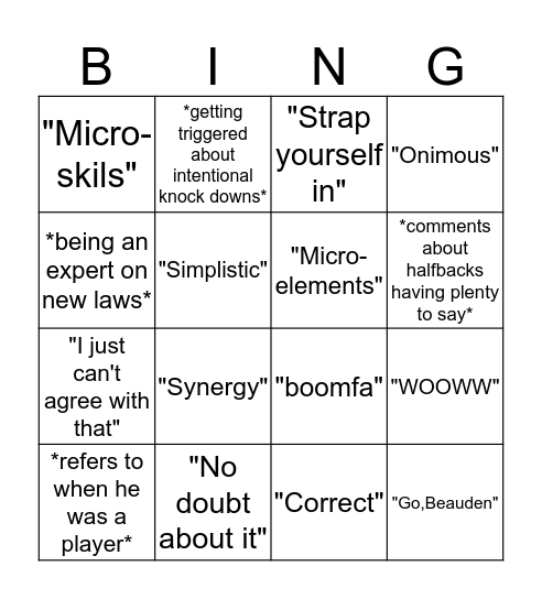 Justin Marshall Commentary BIngo  Bingo Card