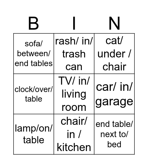 rooms & prepositions Bingo Card