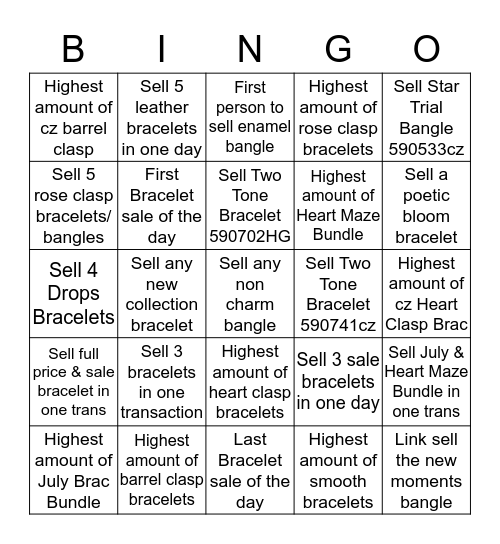 Bracelet Bingo Card