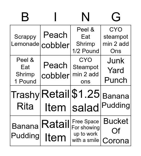 Shack Bingo Card