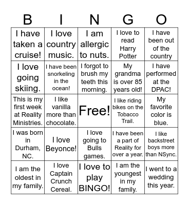 Reality Summerfest BINGO Card