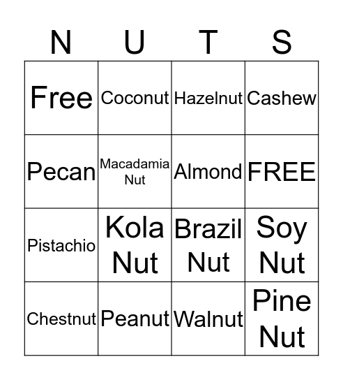 Dee's Nut Games Bingo Card