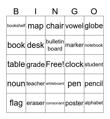 Classroom Nouns Bingo Card