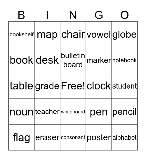 Classroom Nouns Bingo Card
