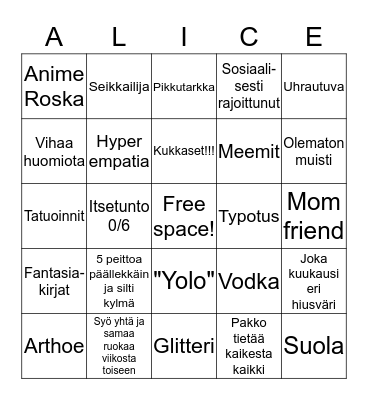 Alice Bingo Card