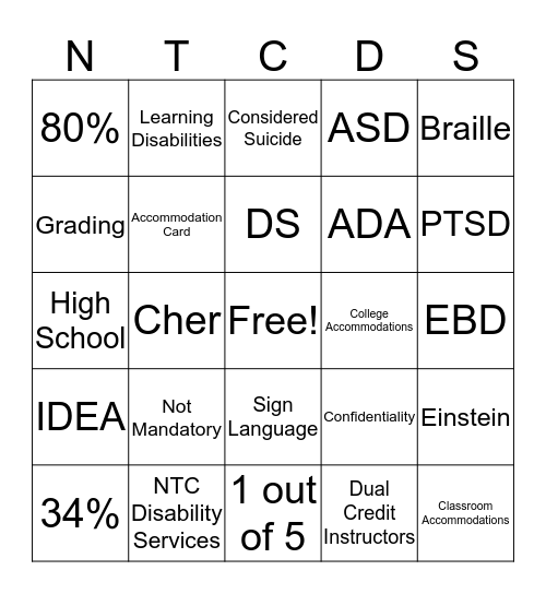 Disability Services Bingo Card