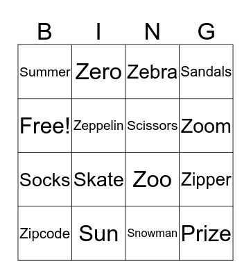 Words with "Z" and "S" Bingo Card