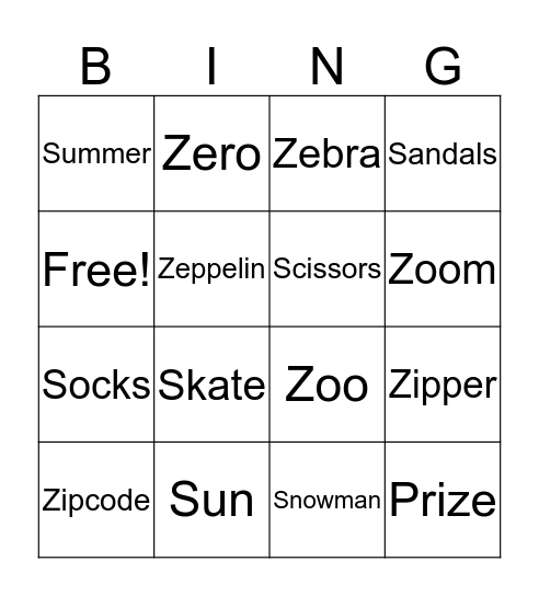 Words with "Z" and "S" Bingo Card