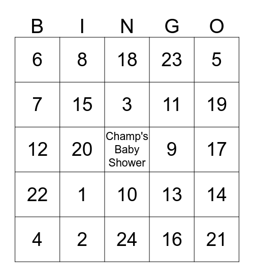 Champ's Baby Shower Bingo Card