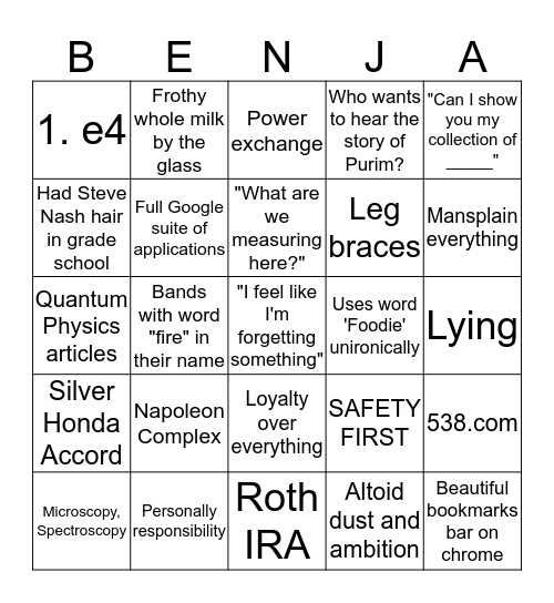 Benjamin Bingo Card