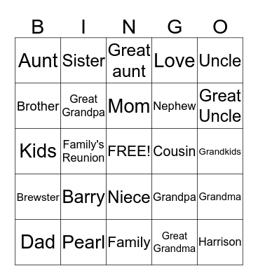 Harrison's Family Reunion Bingo Card