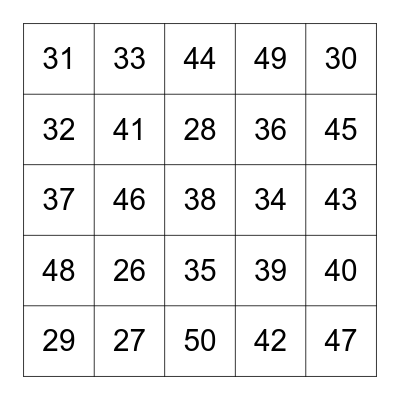 Number Bingo Card