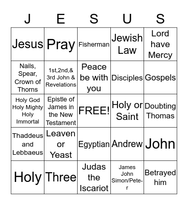 Sunday School Game Bingo Card