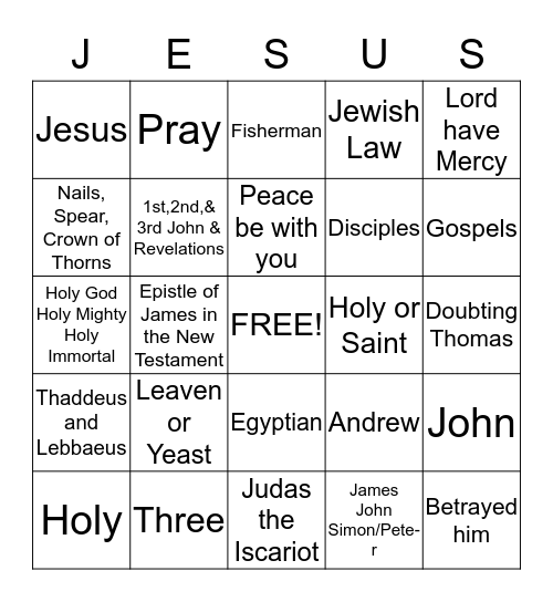 Sunday School Game Bingo Card