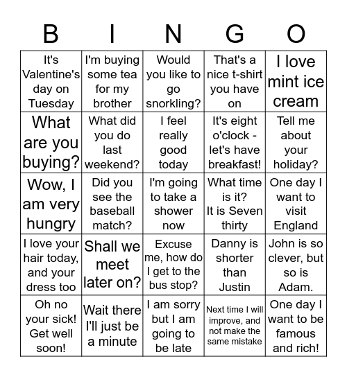 Seb's Bingo game Bingo Card