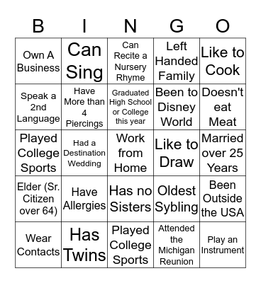Family Bingo Card