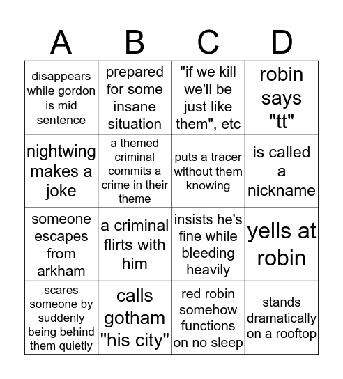 gotham city bingo Card