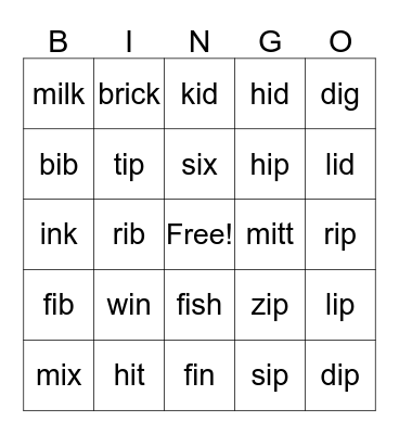 Short /i/ Bingo Card