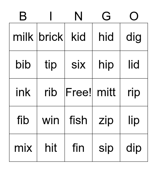 Short /i/ Bingo Card