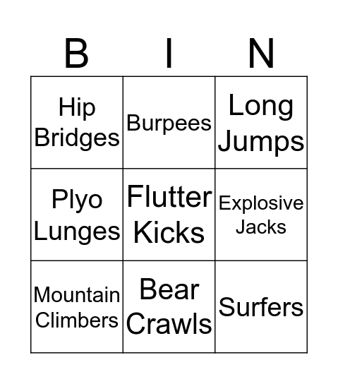 Fitness Bingo Card
