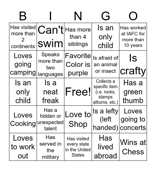 Getting to Know You BINGO! Bingo Card