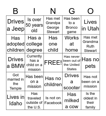Stewart Reunion Bingo Card