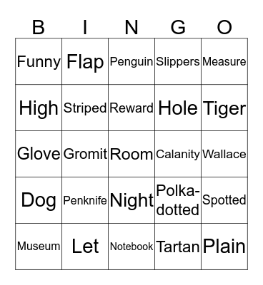 Wallace and Gromit Bingo Card