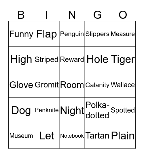 Wallace and Gromit Bingo Card