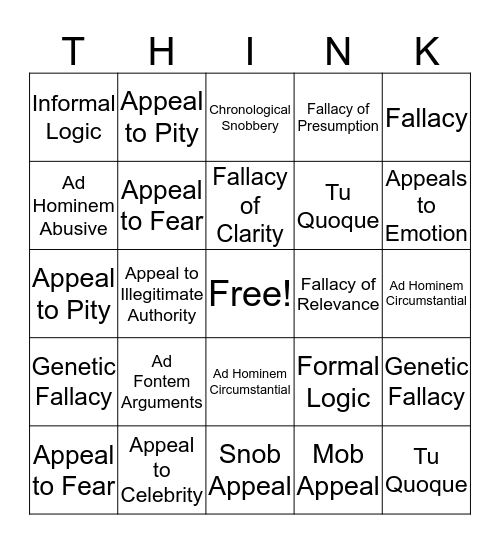 Informal Logic - Think 1 Bingo Card