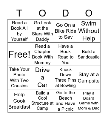 Summer List Bingo Card