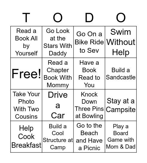 Summer List Bingo Card