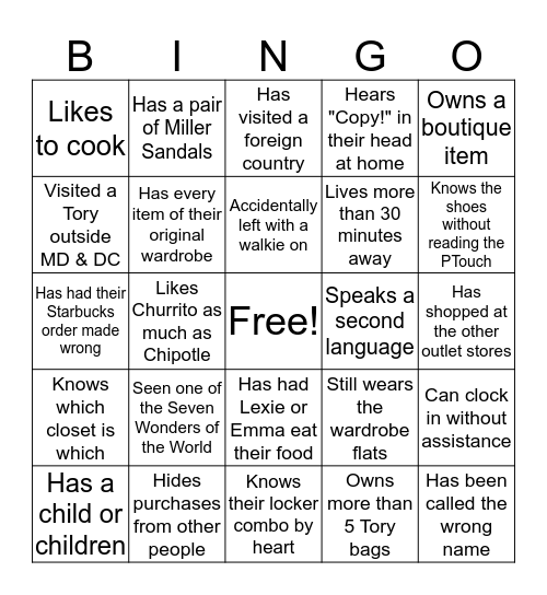 Tory Burch Bingo! Bingo Card