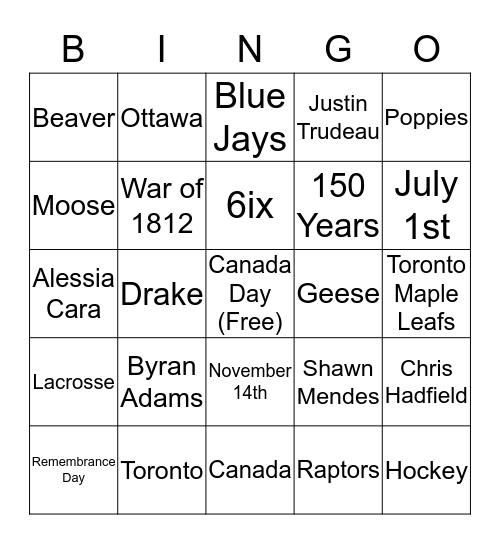 Canada Day Bingo Game Bingo Card
