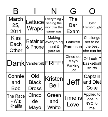 Alee's Bridal Shower Bingo Card