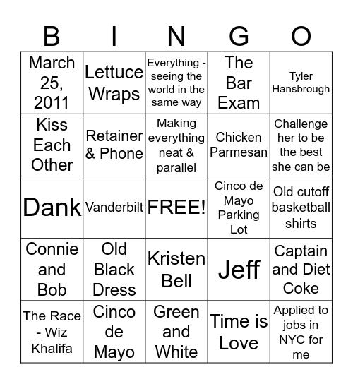 Alee's Bridal Shower Bingo Card