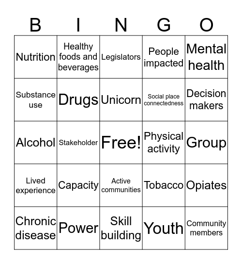 Community Health and Prevention Bingo Card