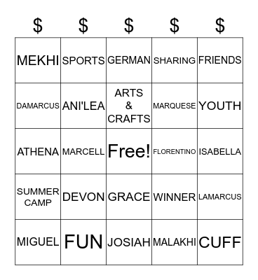 SUMMER CAMP 2017 Bingo Card