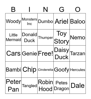 Kids Camp - Disney Bingo Card