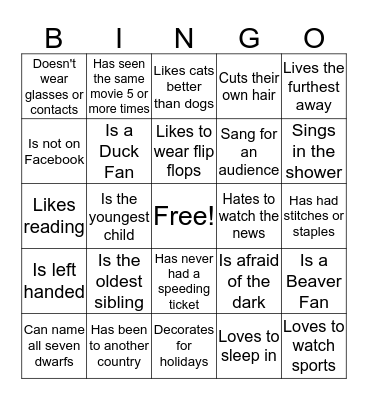 Family Bingo Card