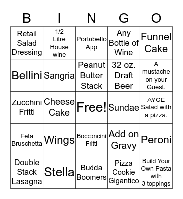 EAST SIDE MARIO'S UNIVERSTIY Bingo Card